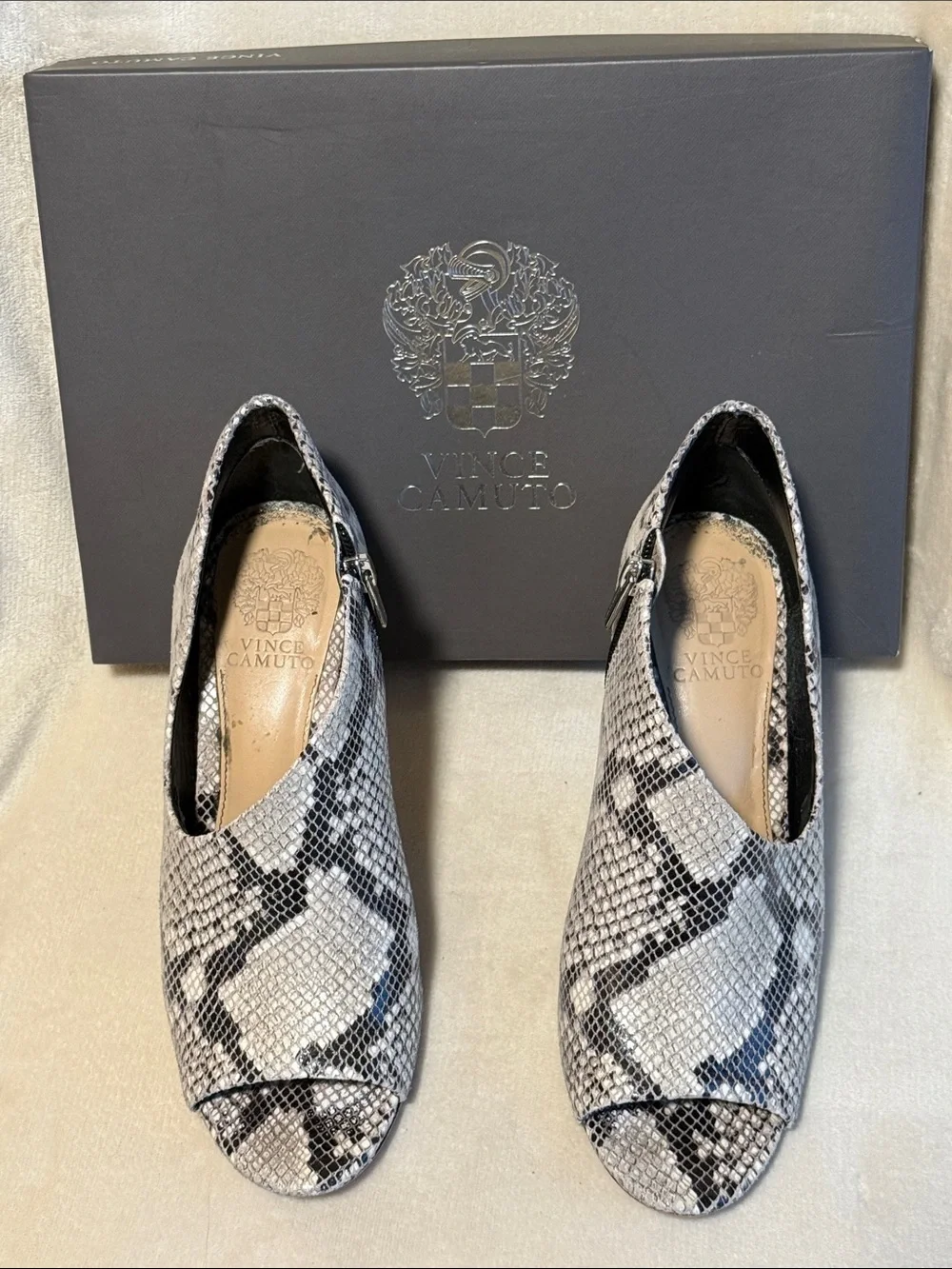 Vince Camuto Careeta Black and White Python Peep-Toe Stiletto Booties, Sz 9